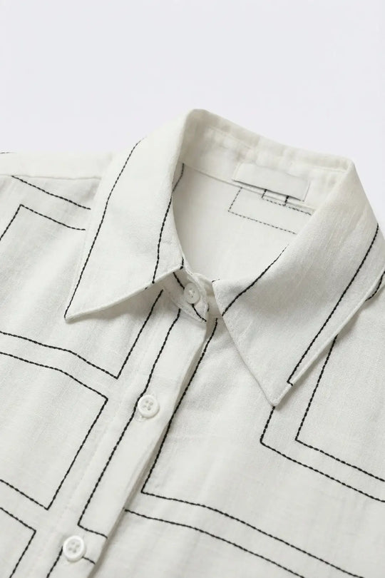 White Geometric Print Relaxed Fit Button-Up Shirt - Shirts