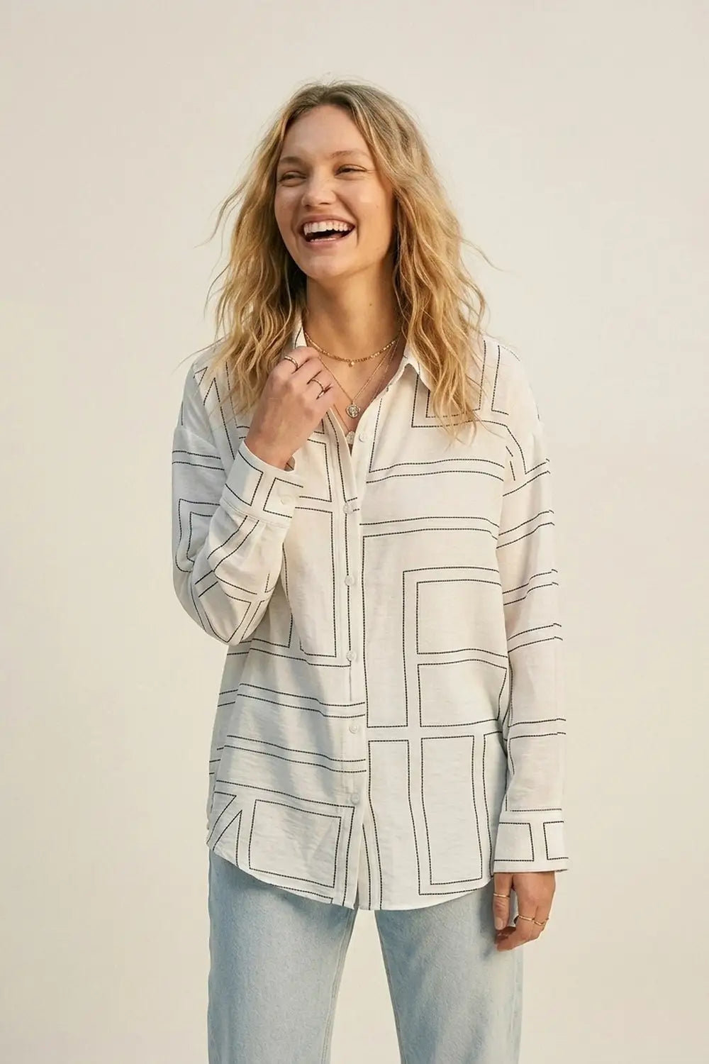 White Geometric Print Relaxed Fit Button-Up Shirt - Shirts