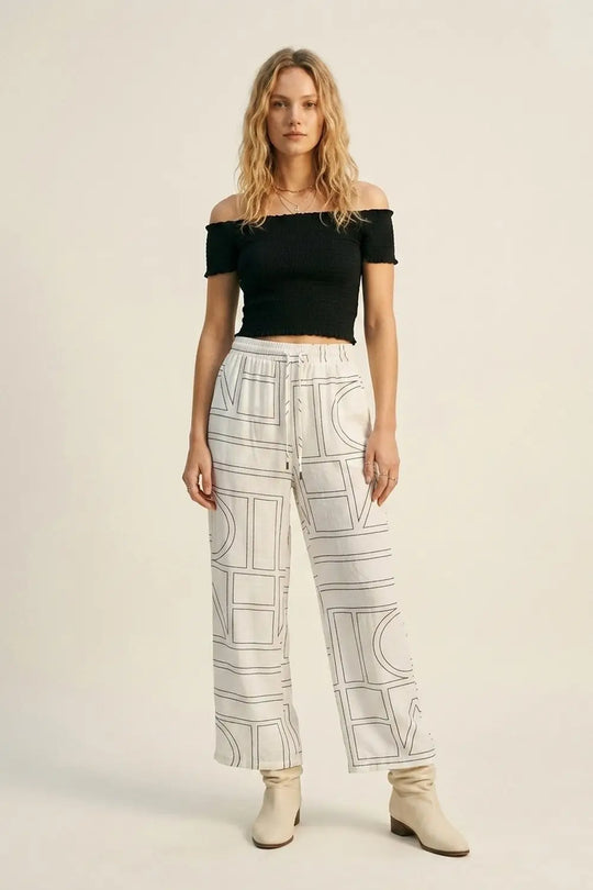 White Geometric Print Wide-Leg Lounge Pants - Pants