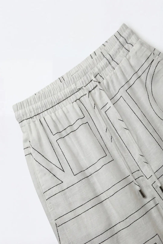 White Geometric Print Wide-Leg Lounge Pants - Pants