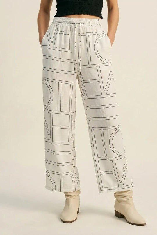 Q2 White Geometric Print Wide-Leg Lounge Pants