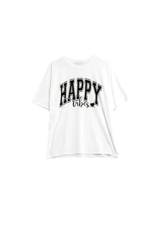 White Happy Vibes Graphic Relaxed T-Shirt - One Size / White - Tops
