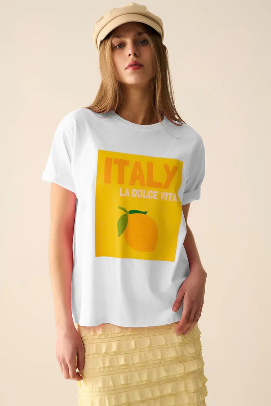 White Italy Dolce Vita T-shirt With Lemon Graphic Print - One Size / White - Tops