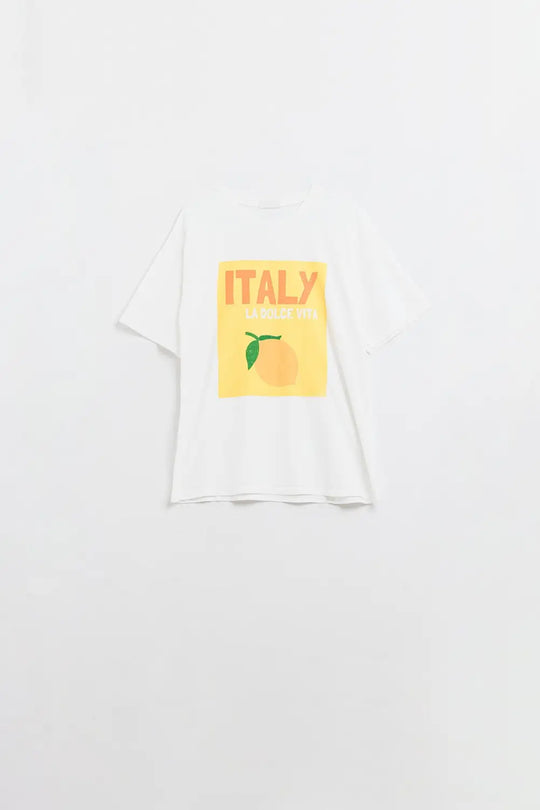 White Italy Dolce Vita T-shirt With Lemon Graphic Print - One Size / White - Tops