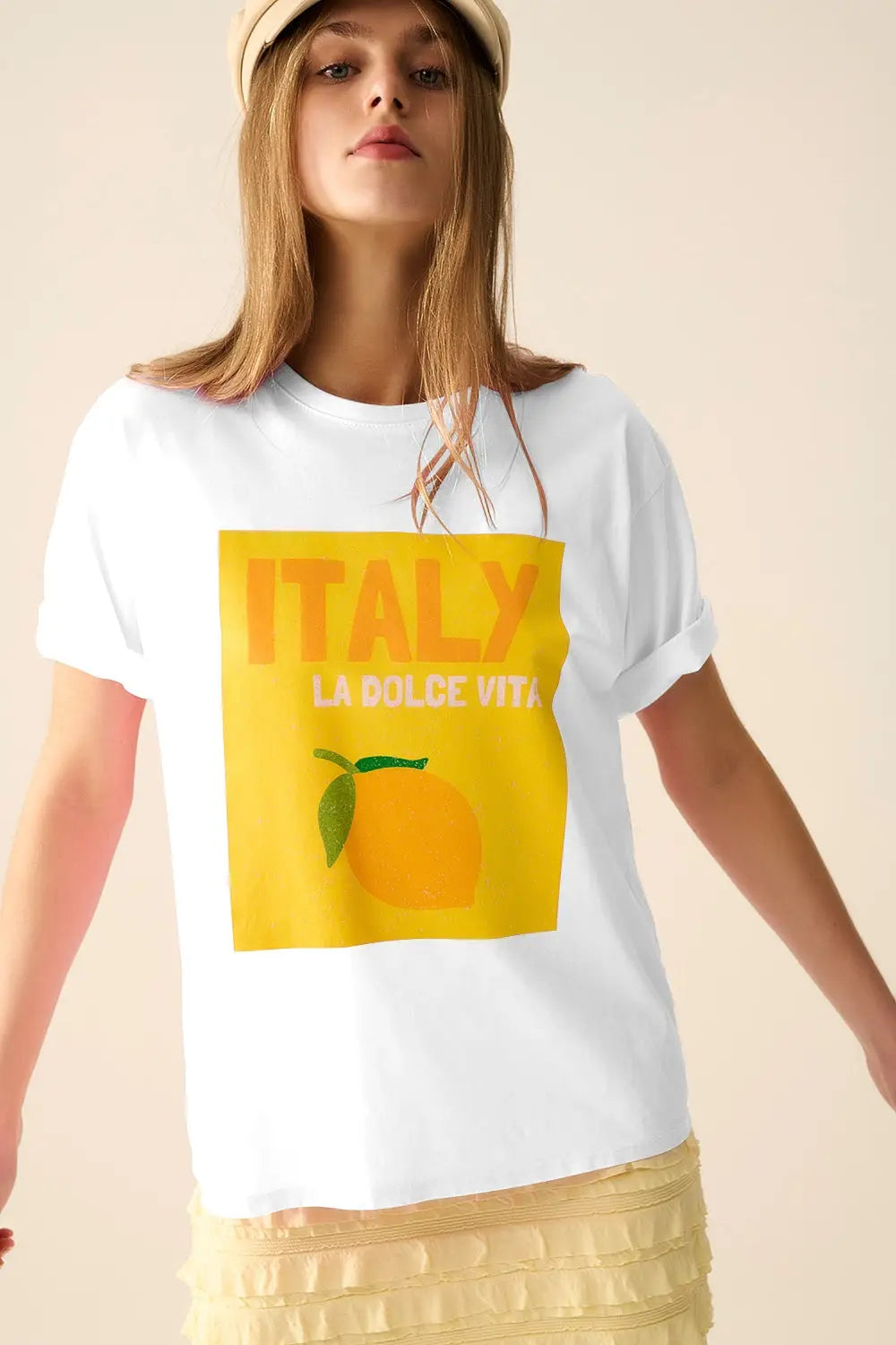 White Italy Dolce Vita T-shirt With Lemon Graphic Print - One Size / White - Tops
