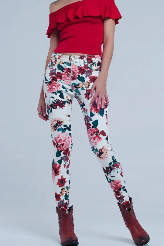White jeans with roses print - Jeans