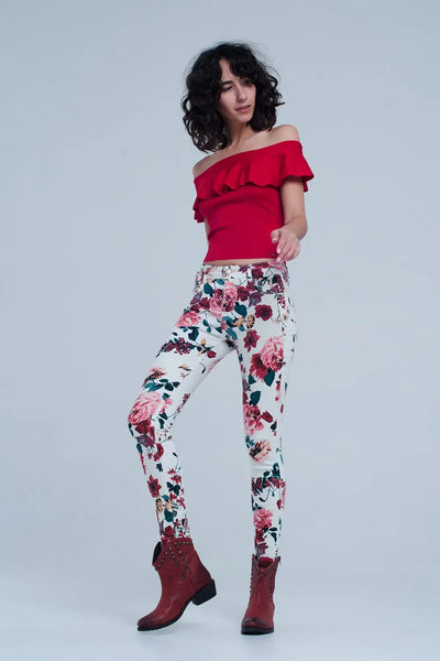 White jeans with roses print - Jeans