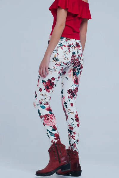 White jeans with roses print - Jeans