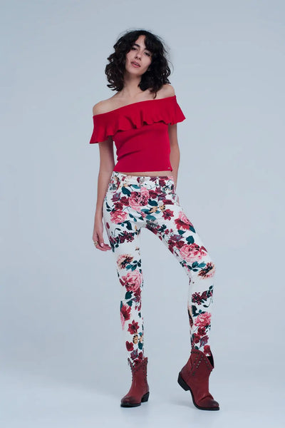 White jeans with roses print - Jeans