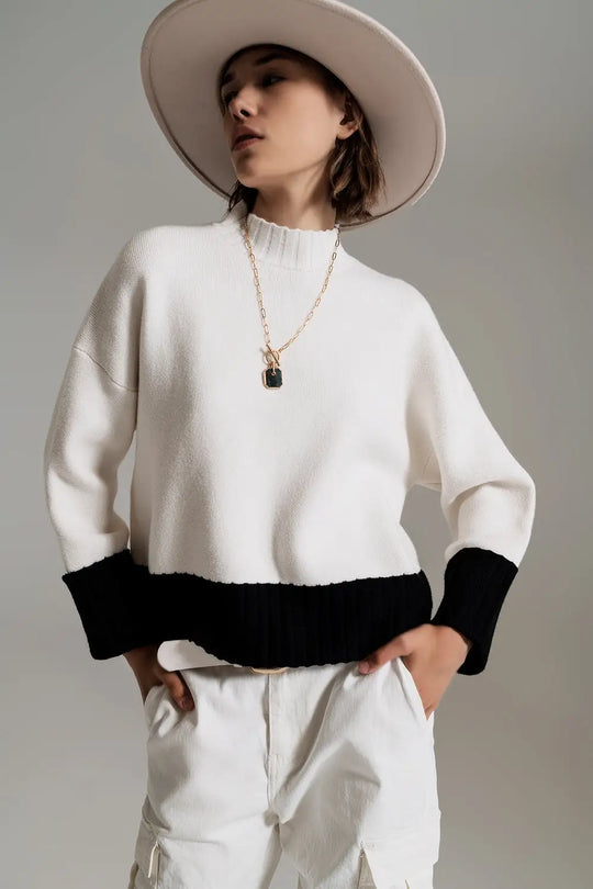 white jumper with black ribbed cuffs and hem - Sweaters