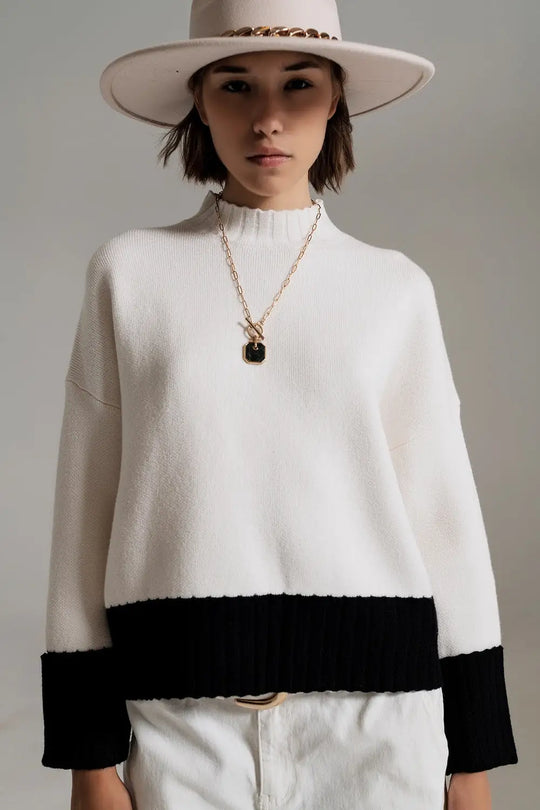 white jumper with black ribbed cuffs and hem - Sweaters