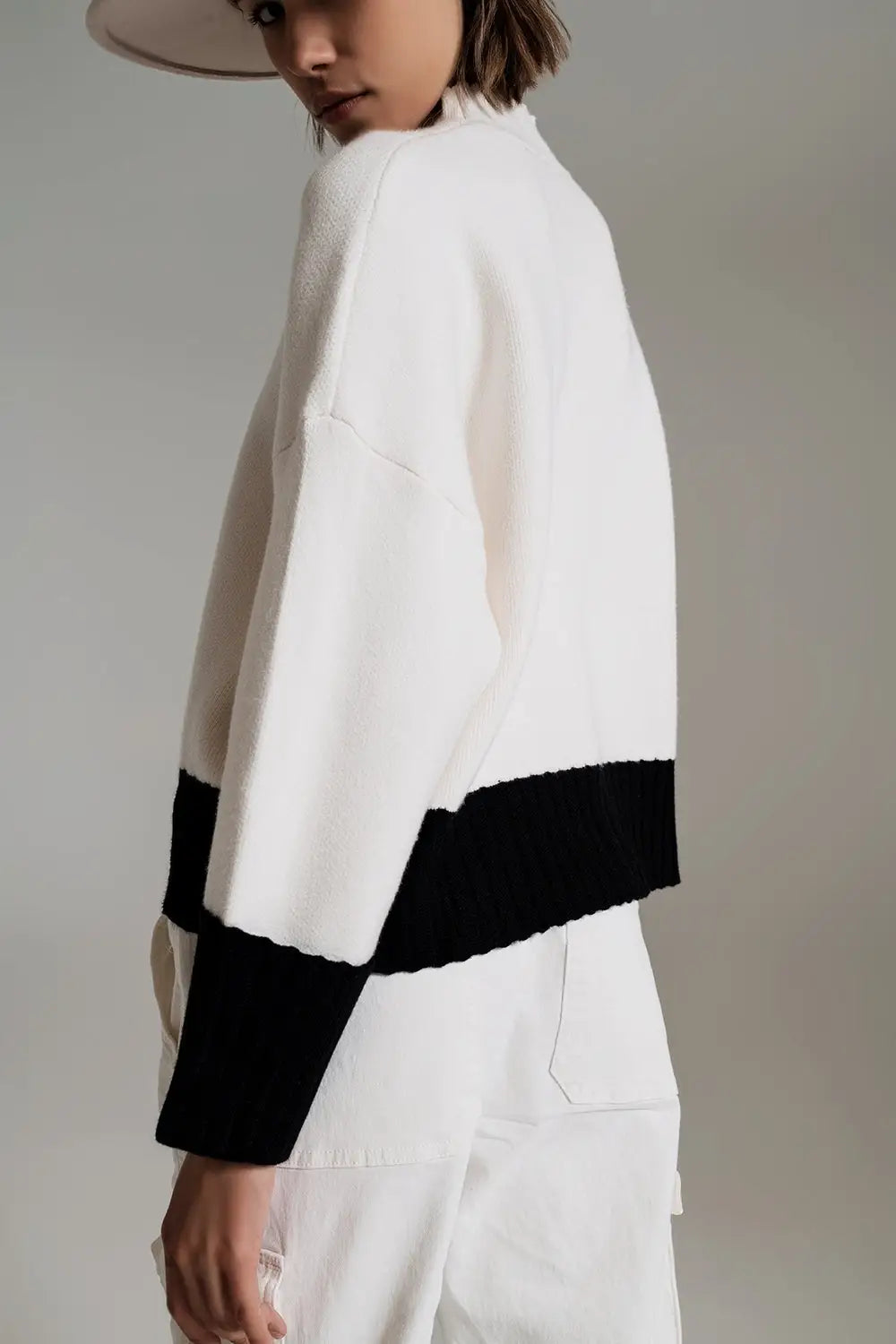 white jumper with black ribbed cuffs and hem - Sweaters