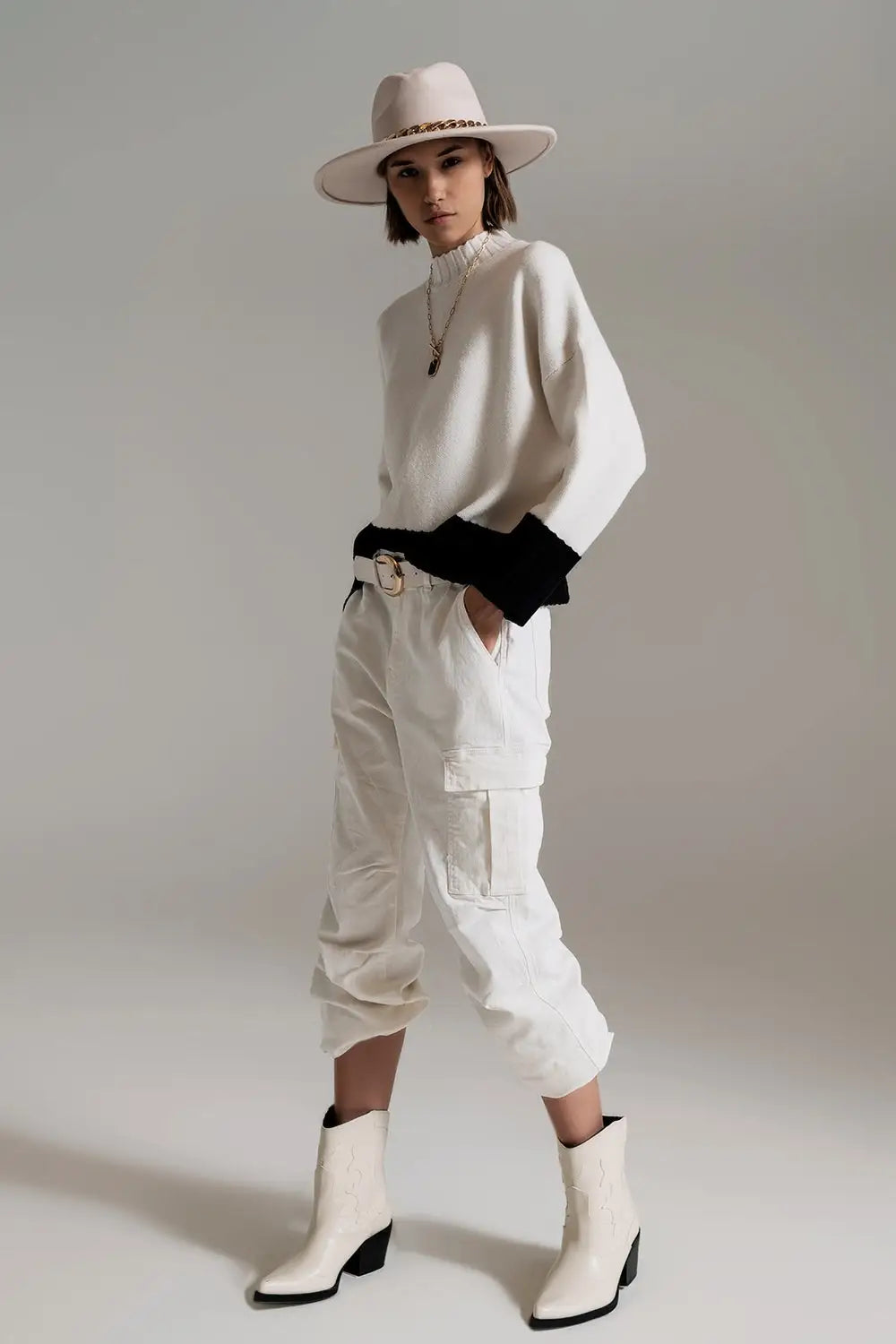 white jumper with black ribbed cuffs and hem - Sweaters