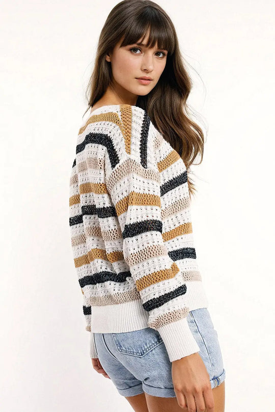 White knit sweater with multicolored stripes - Sweaters