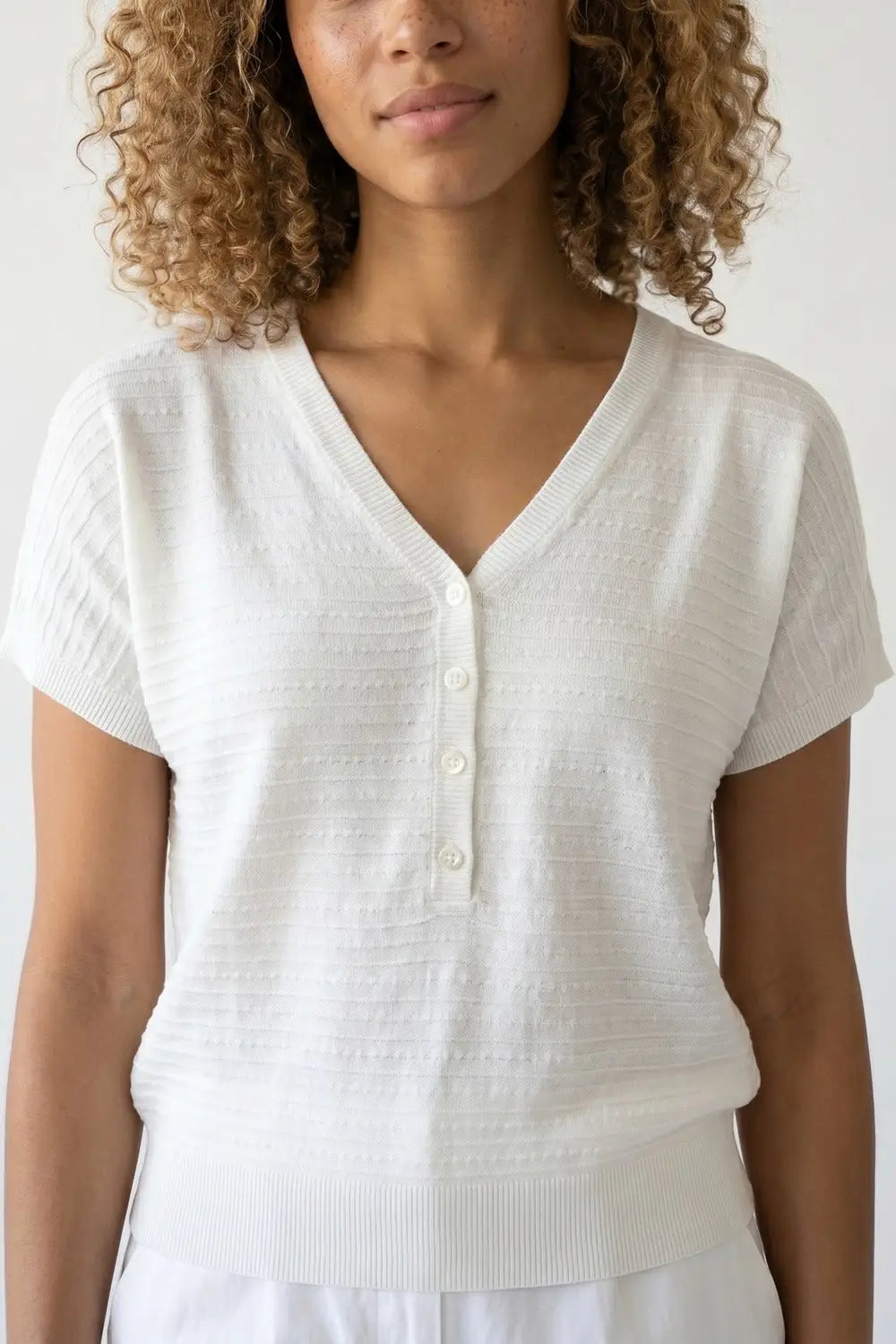 White Knit V-Neck Button-Front sweater - One Size / White