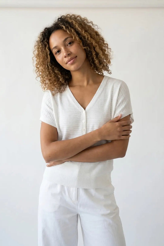 White Knit V-Neck Button-Front sweater - One Size / White