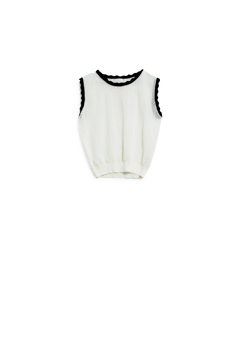 white knitted pointelle top with black wavy trim