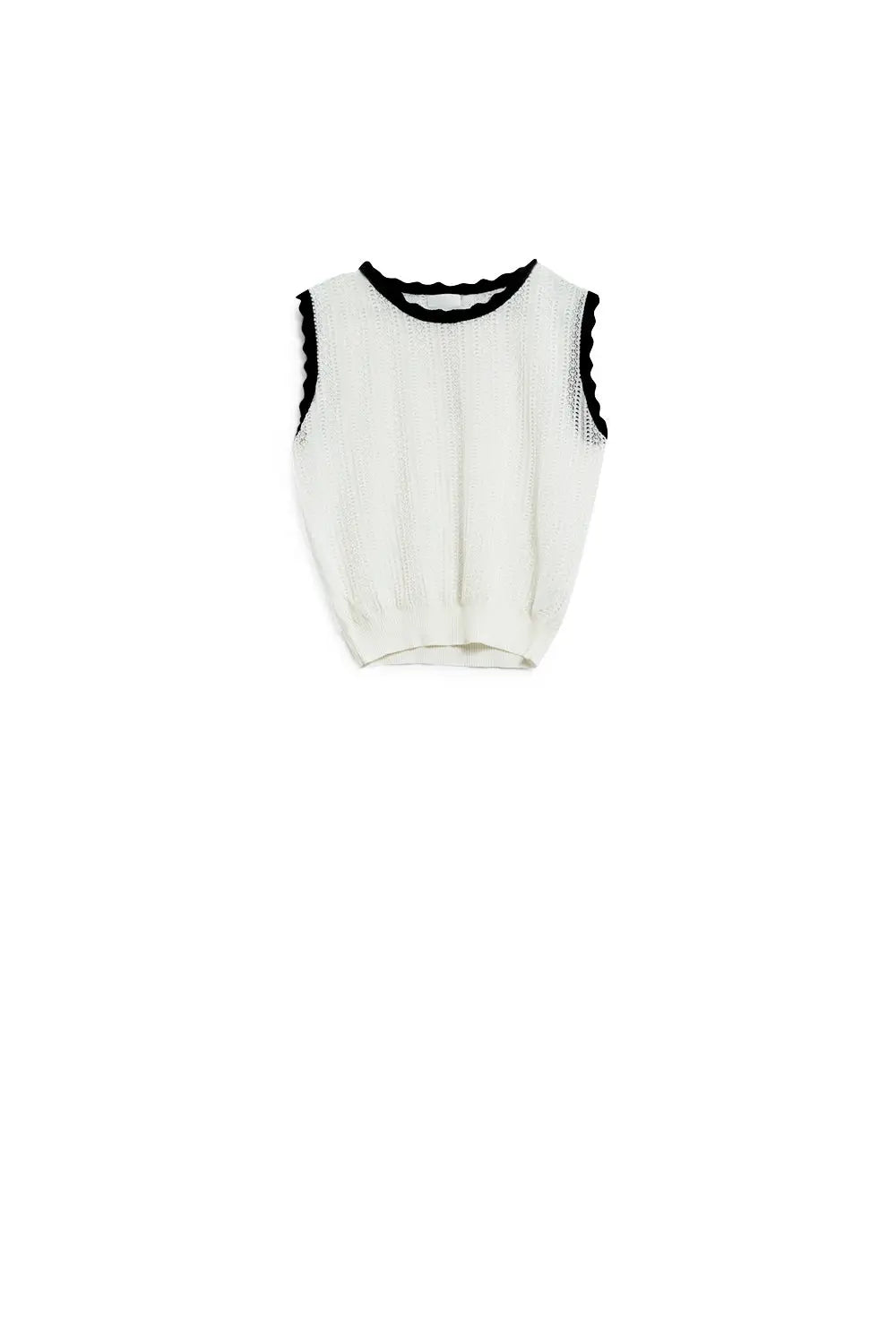 white knitted pointelle top with black wavy trim - Sweaters