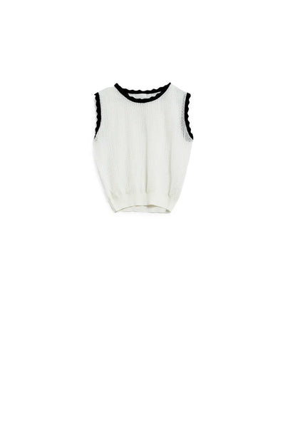 white knitted pointelle top with black wavy trim - Sweaters