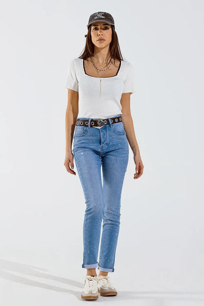 White Knitted Short Sleeve Sweater With Square Neck and Black Trim - Sweaters