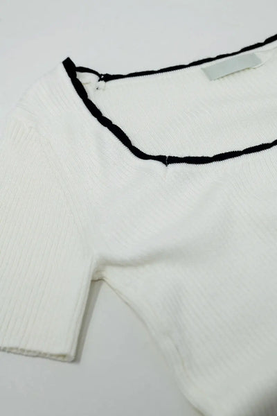 White Knitted Short Sleeve Sweater With Square Neck and Black Trim - Sweaters