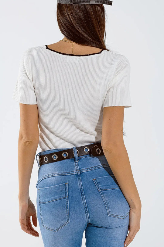 White Knitted Short Sleeve Sweater With Square Neck and Black Trim - Sweaters