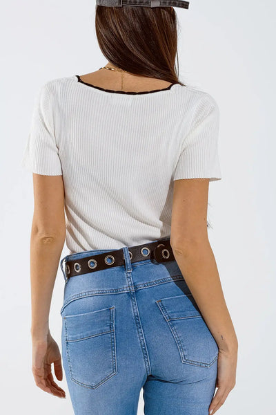 White Knitted Short Sleeve Sweater With Square Neck and Black Trim - Sweaters