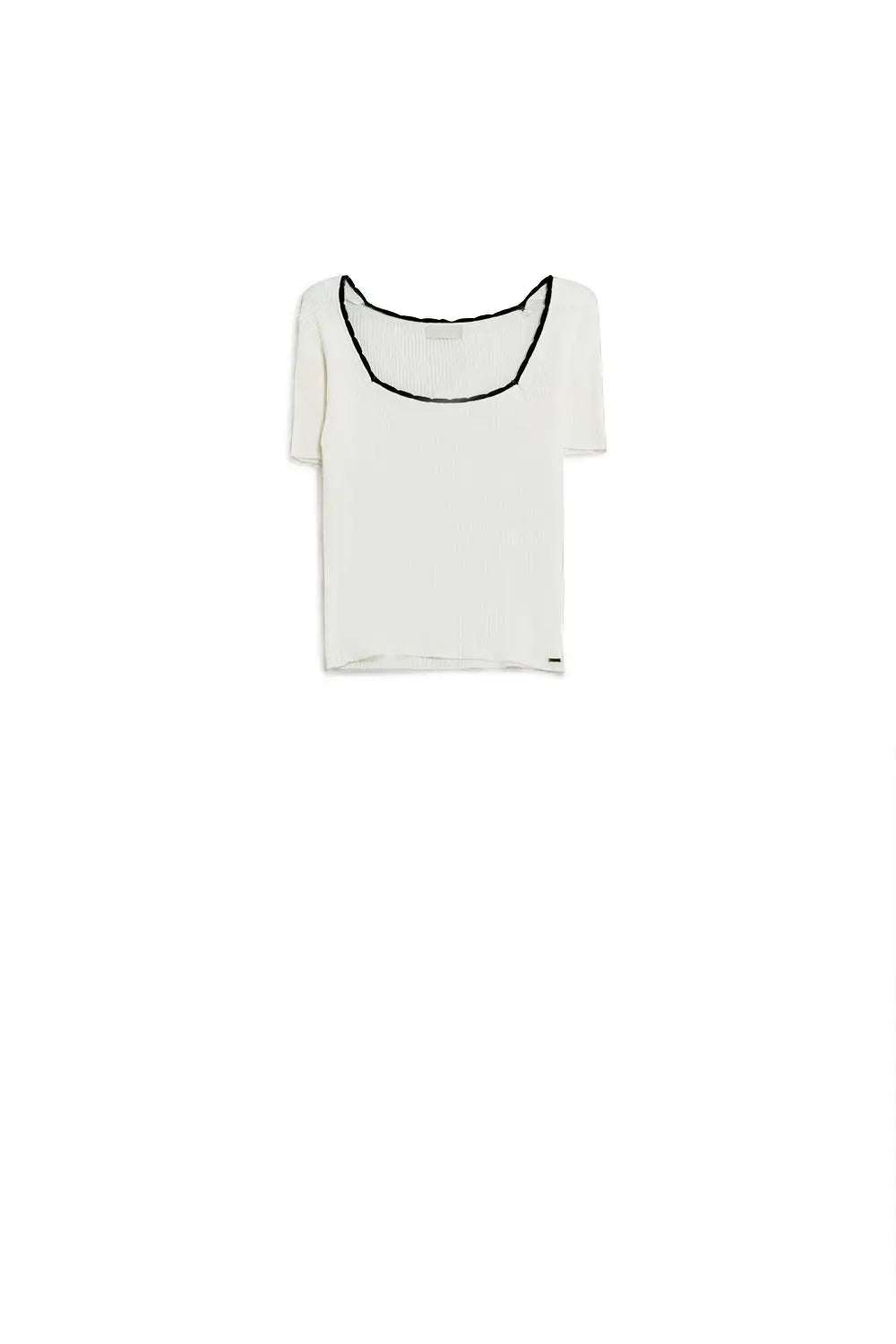 White Knitted Short Sleeve Sweater With Square Neck and Black Trim - Sweaters