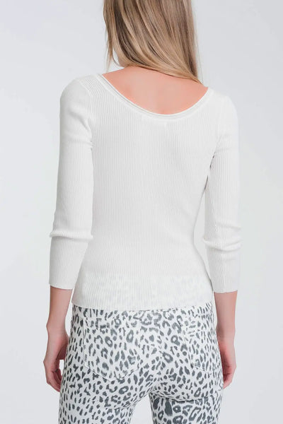 White knitted wide neck sweater - Sweaters