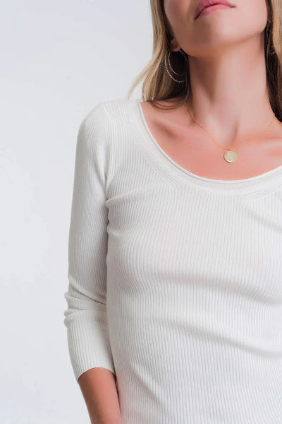 White knitted wide neck sweater - Sweaters