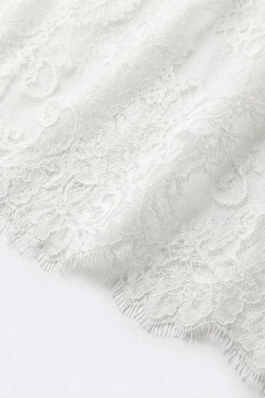 White Lace Long Sleeve Sheer Top with Floral Detail - One Size / White