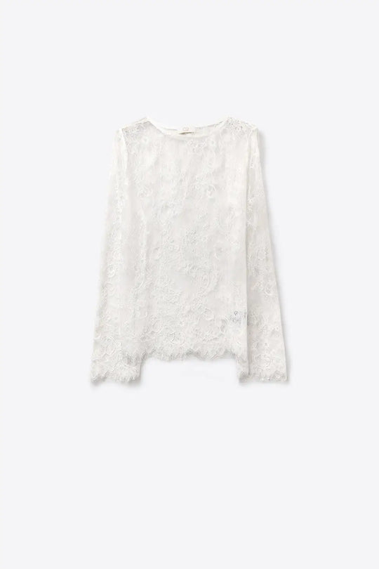 White Lace Long Sleeve Sheer Top with Floral Detail - One Size / White