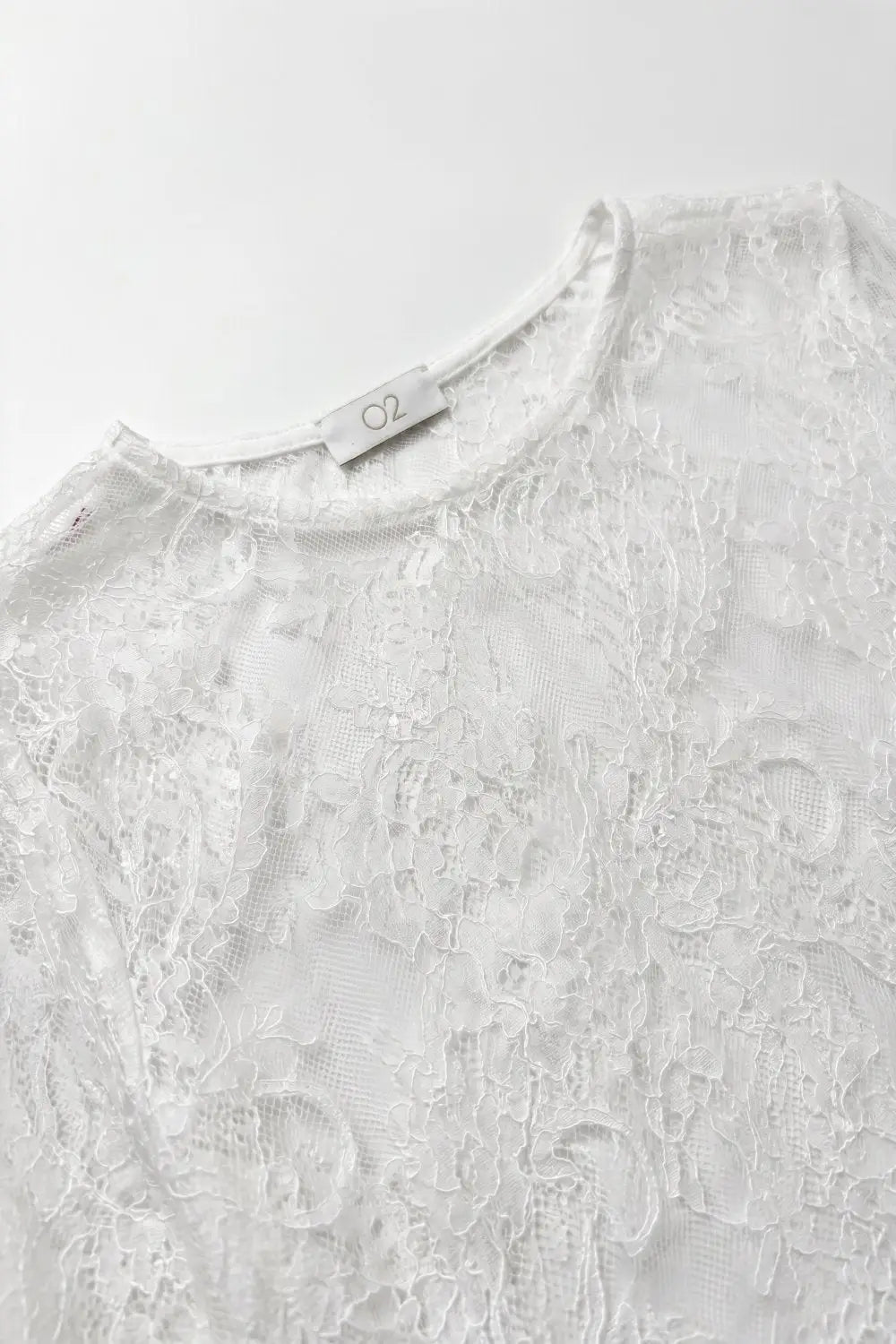 White Lace Long Sleeve Sheer Top with Floral Detail - One Size / White