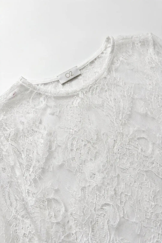 White Lace Long Sleeve Sheer Top with Floral Detail - One Size / White
