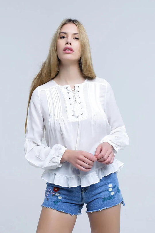 White lace up top with ruffle detail - Shirts