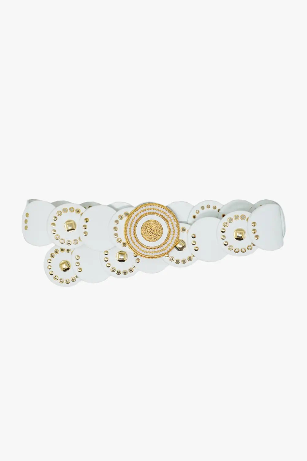 Q2 White leather belt with white rhinestone round buckle and golden details