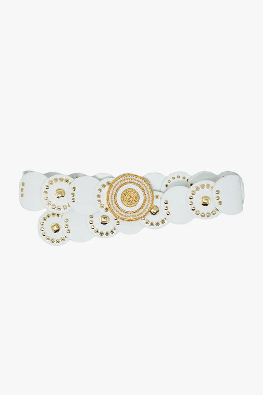 Q2 White leather belt with white rhinestone round buckle and golden details