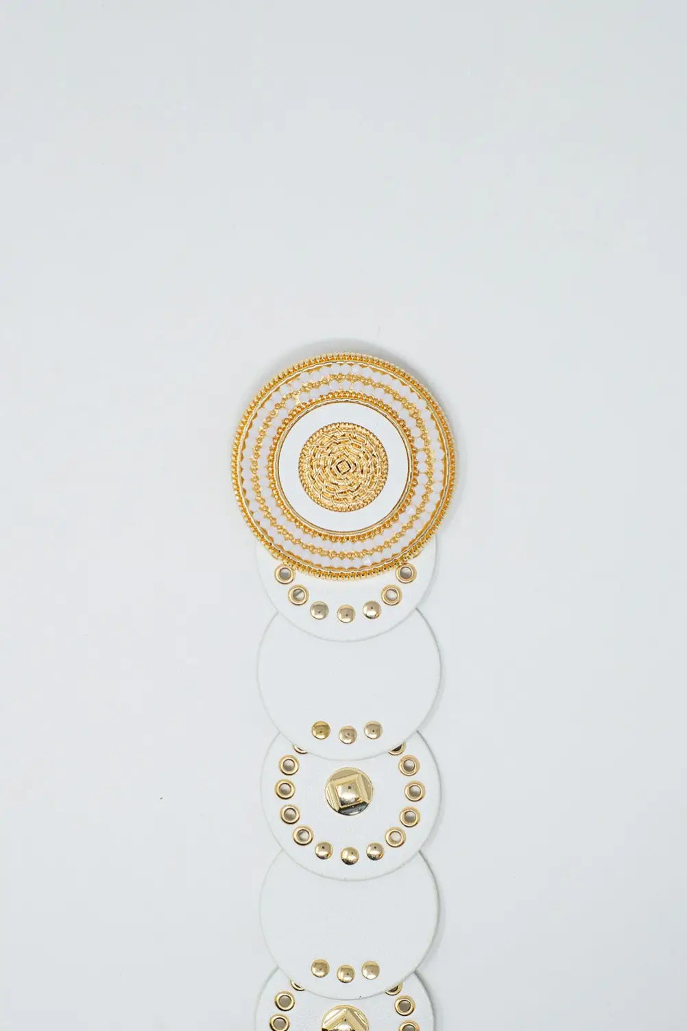 White leather belt with white rhinestone round buckle and golden details - Accesory