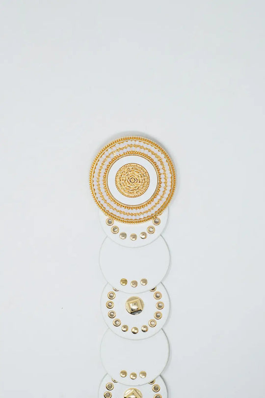 White leather belt with white rhinestone round buckle and golden details - Accesory