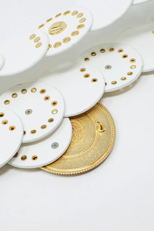 White leather belt with white rhinestone round buckle and golden details - Accesory