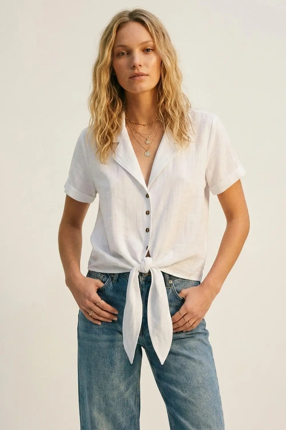 White Linen Tie Front Short Sleeve Cropped Shirt - Shirts