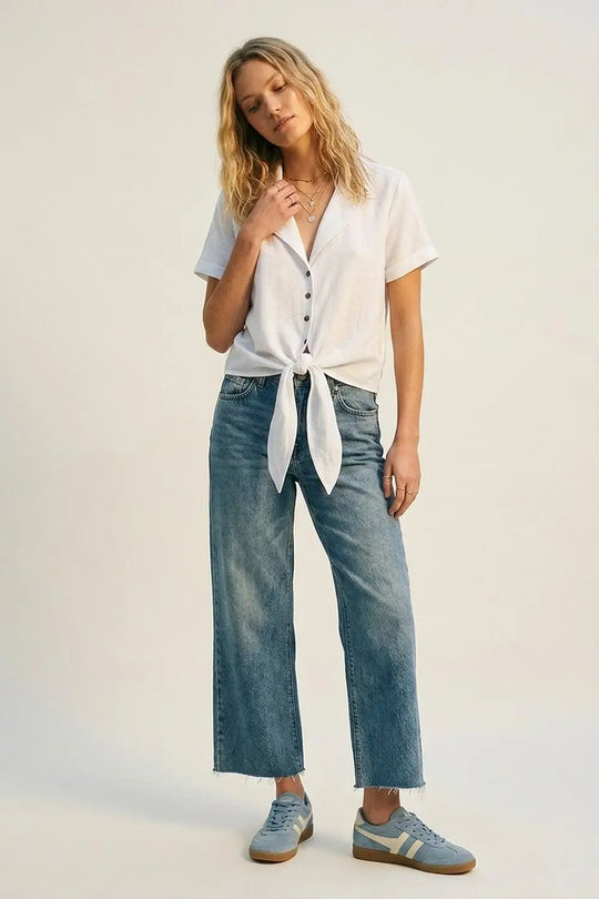 Q2 White Linen Tie Front Short Sleeve Cropped Shirt