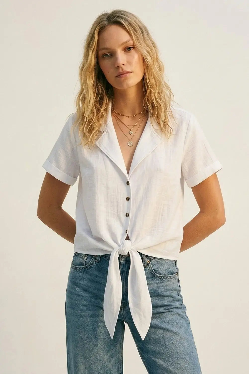 White Linen Tie Front Short Sleeve Cropped Shirt - Shirts