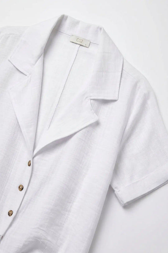 White Linen Tie Front Short Sleeve Cropped Shirt - Shirts