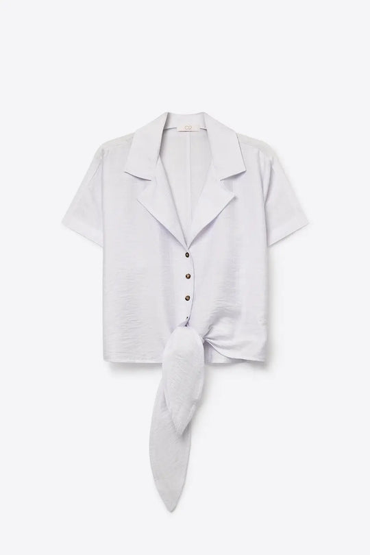 White Linen Tie Front Short Sleeve Cropped Shirt - Shirts