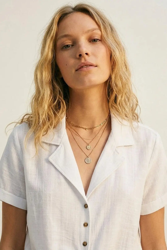 White Linen Tie Front Short Sleeve Cropped Shirt - Shirts
