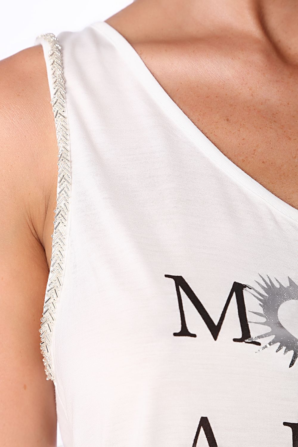 White logo tank top with center split