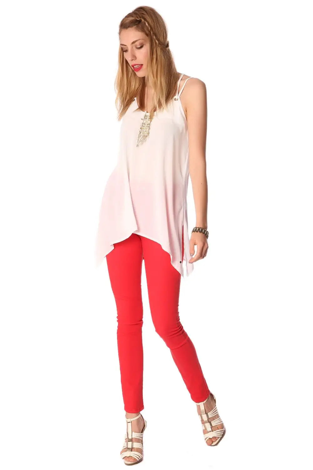 White long line cami top with ring detail - Shirts