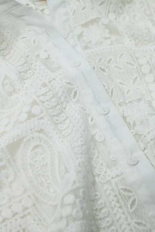 White Long Sleeve Blouse Croched Style - Shirts