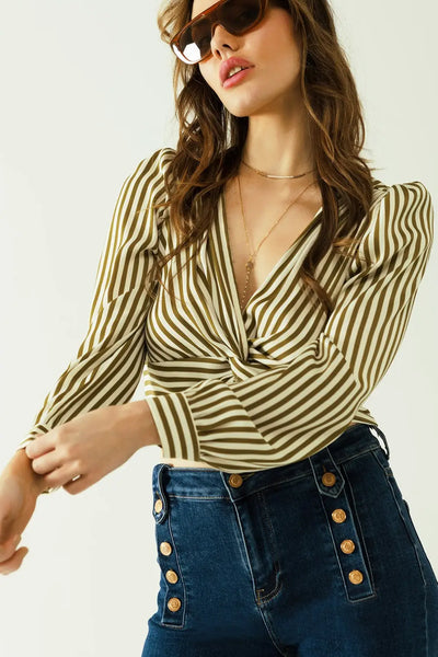 White long sleeves crop top with brown stripes and v-neck - Tops